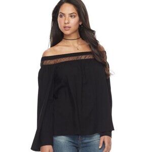 Rock & Republic Off-The-Shoulder Mesh Top‎ Black Womens Size XS Bell Sleeve Boho